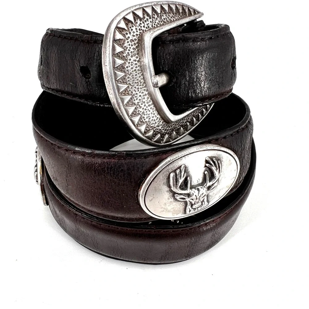 Vintage Mens Concho Belt 38 Italian Leather Western Stag Etched Pewter Brown